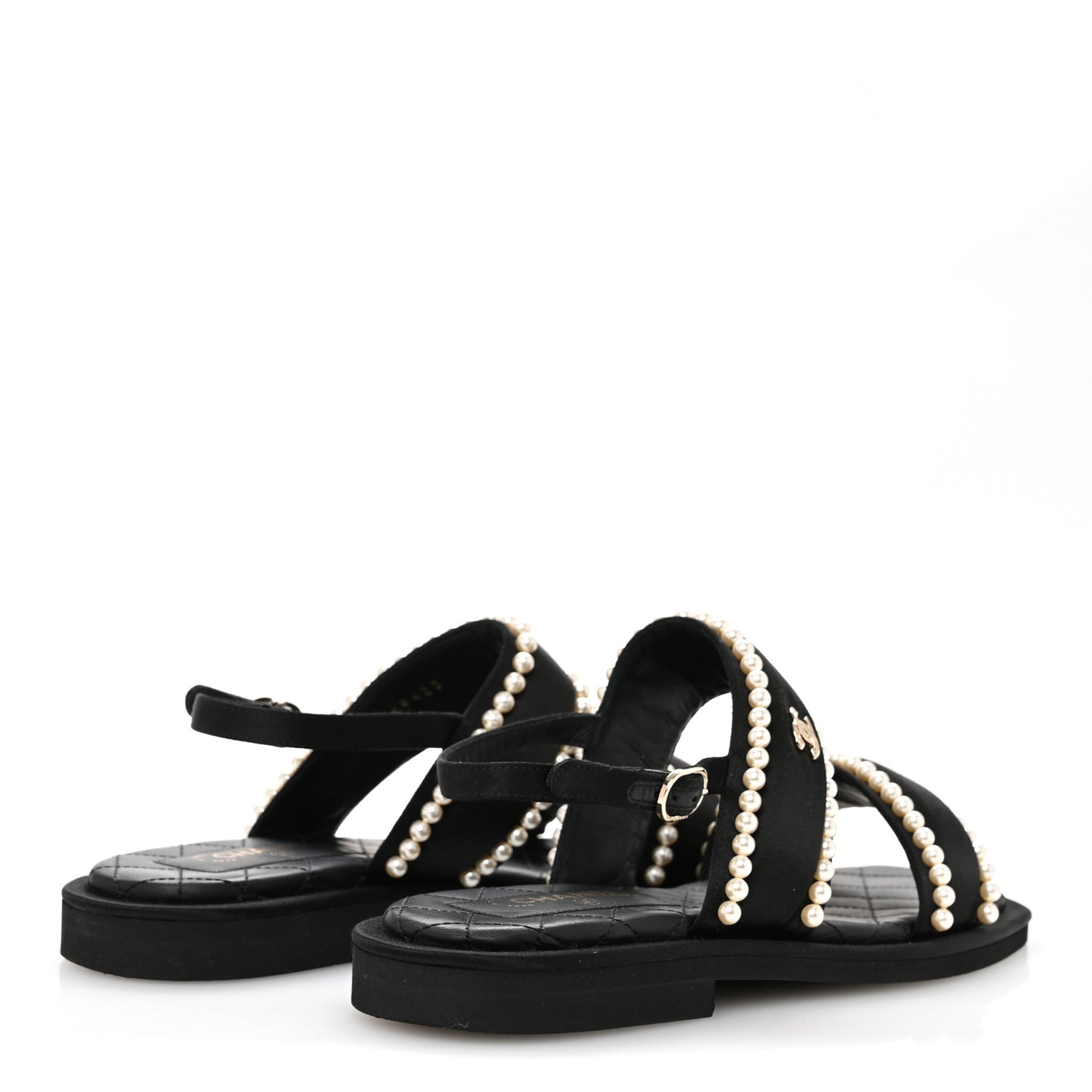 Satin Pearl Quilted Flat Sandals 36.5 Black
