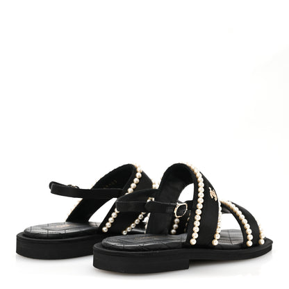 Chanel Satin Pearl Quilted Flat Sandals 36.5 Black 5 of 9
