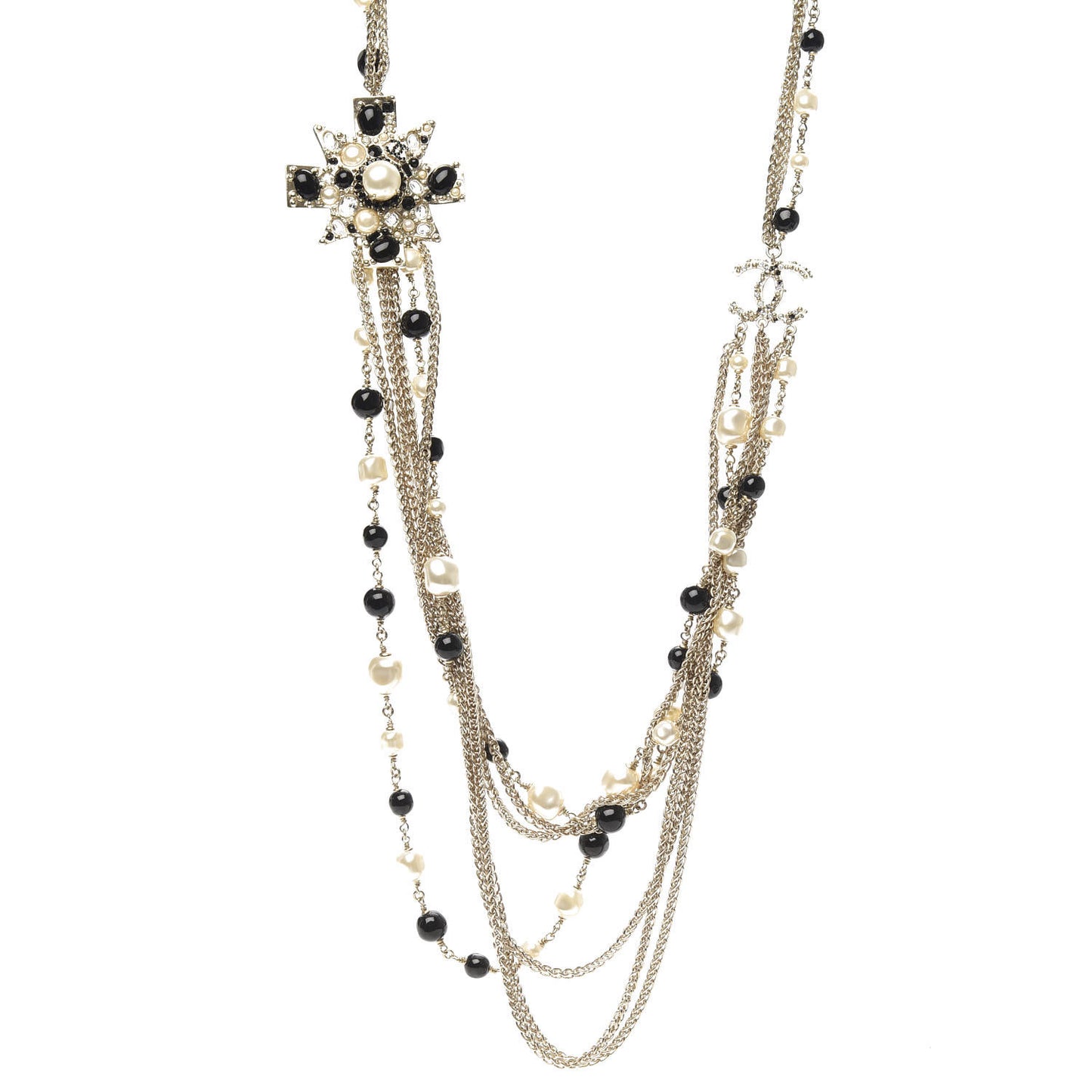 Pearl Crystal Beaded CC Multi Strand Necklace Gold Black