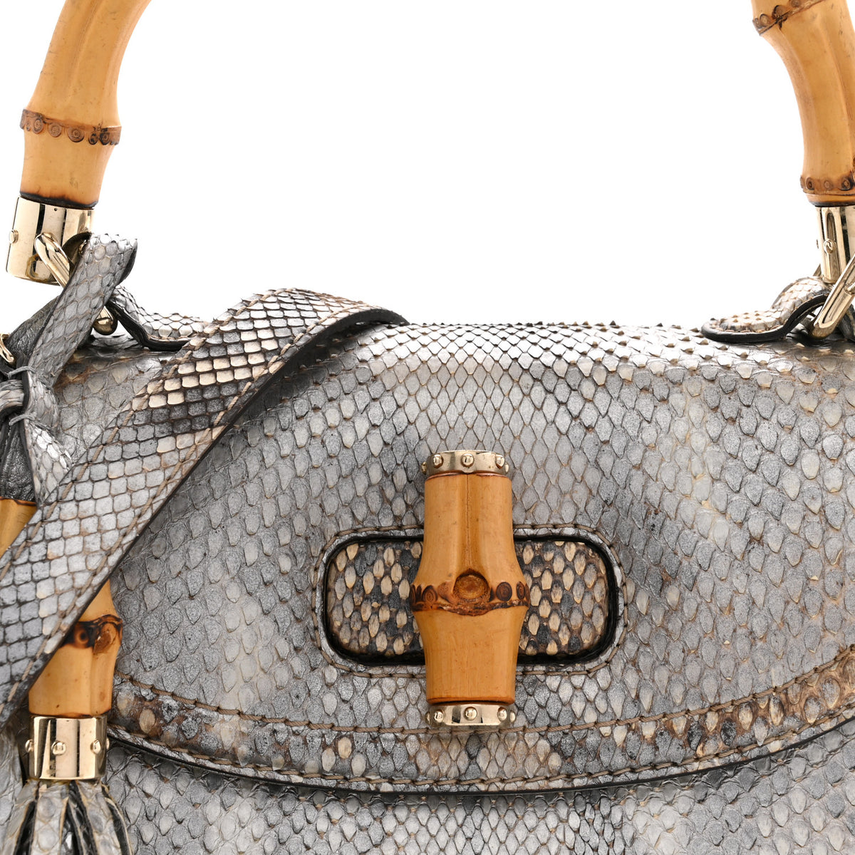 Gucci Metallic Snakeskin Medium New Bamboo Top Handle Bag Silver Multicolor 8 of 15