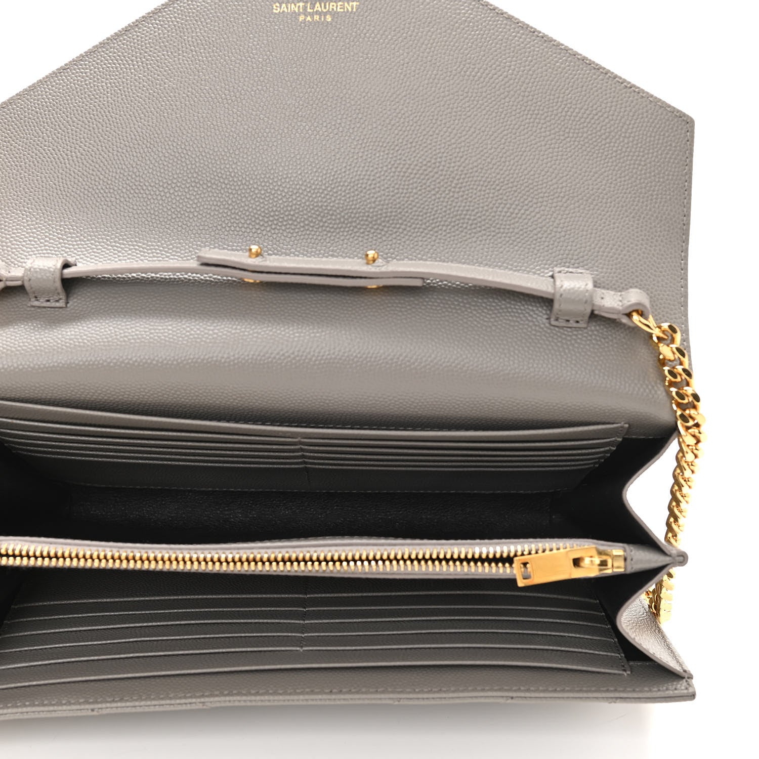 Saint Laurent Grain De Poudre Matelasse Chevron Monogram Chain Wallet Oyster Grey 5 of 13