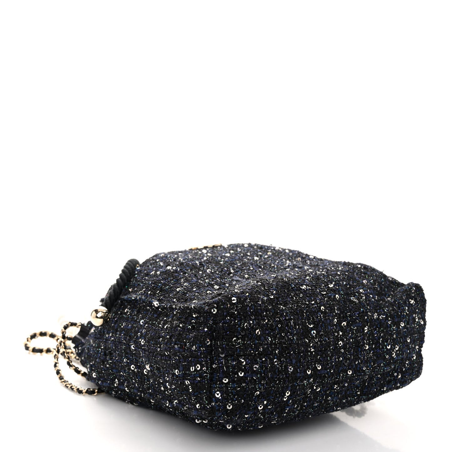 Tweed Pearl Handle Drawstring Bag Black Ecru