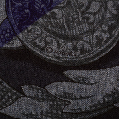 Hermes Cashmere Silk Le Mors a La Conetable Shawl 140 Marine Noir Bleu Chine 5 of 6