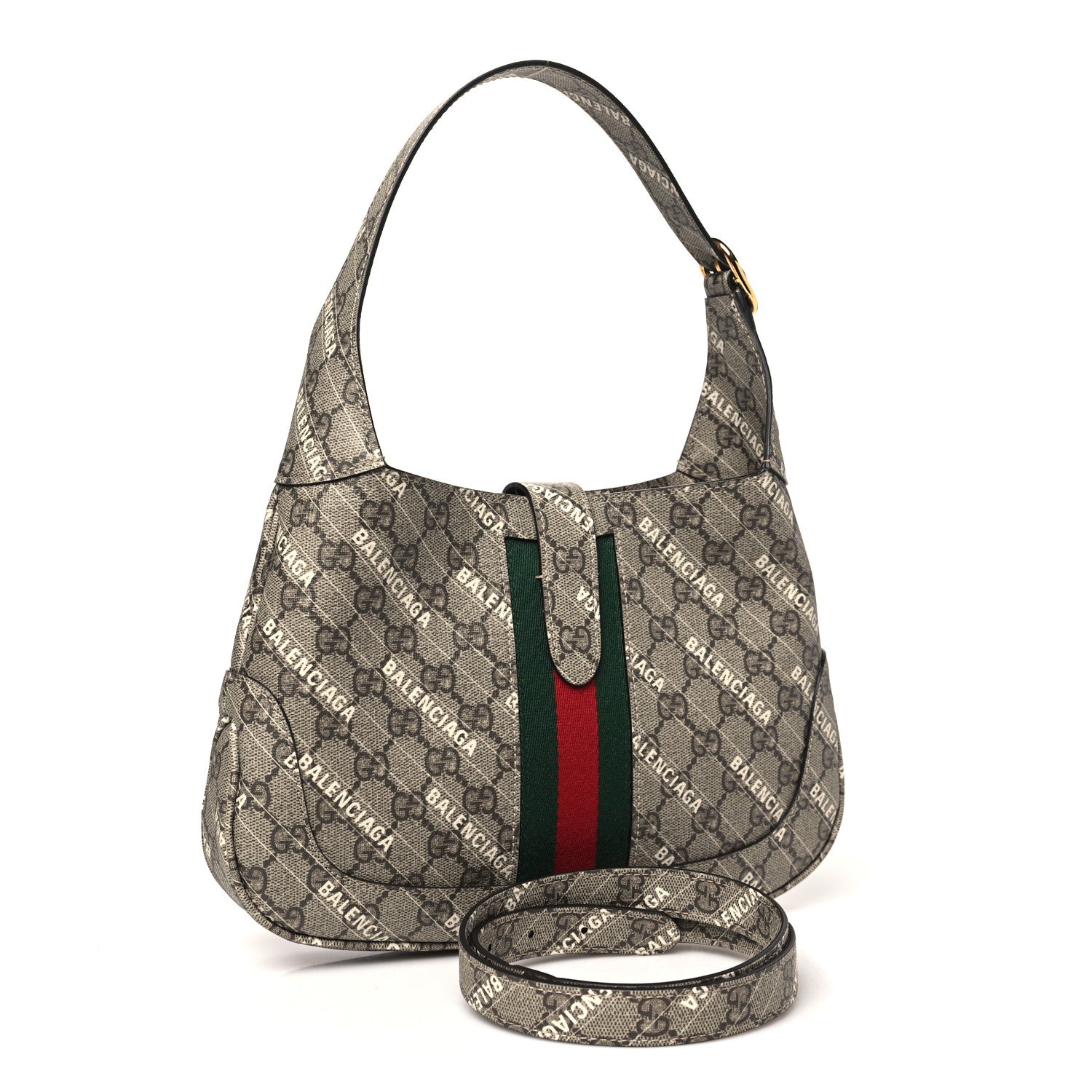 Gucci X BALENCIAGA GG Supreme Monogram Striped Logo Print Web Small Jackie 1961 Hobo Beige Ebony Mystic White 3 of 10