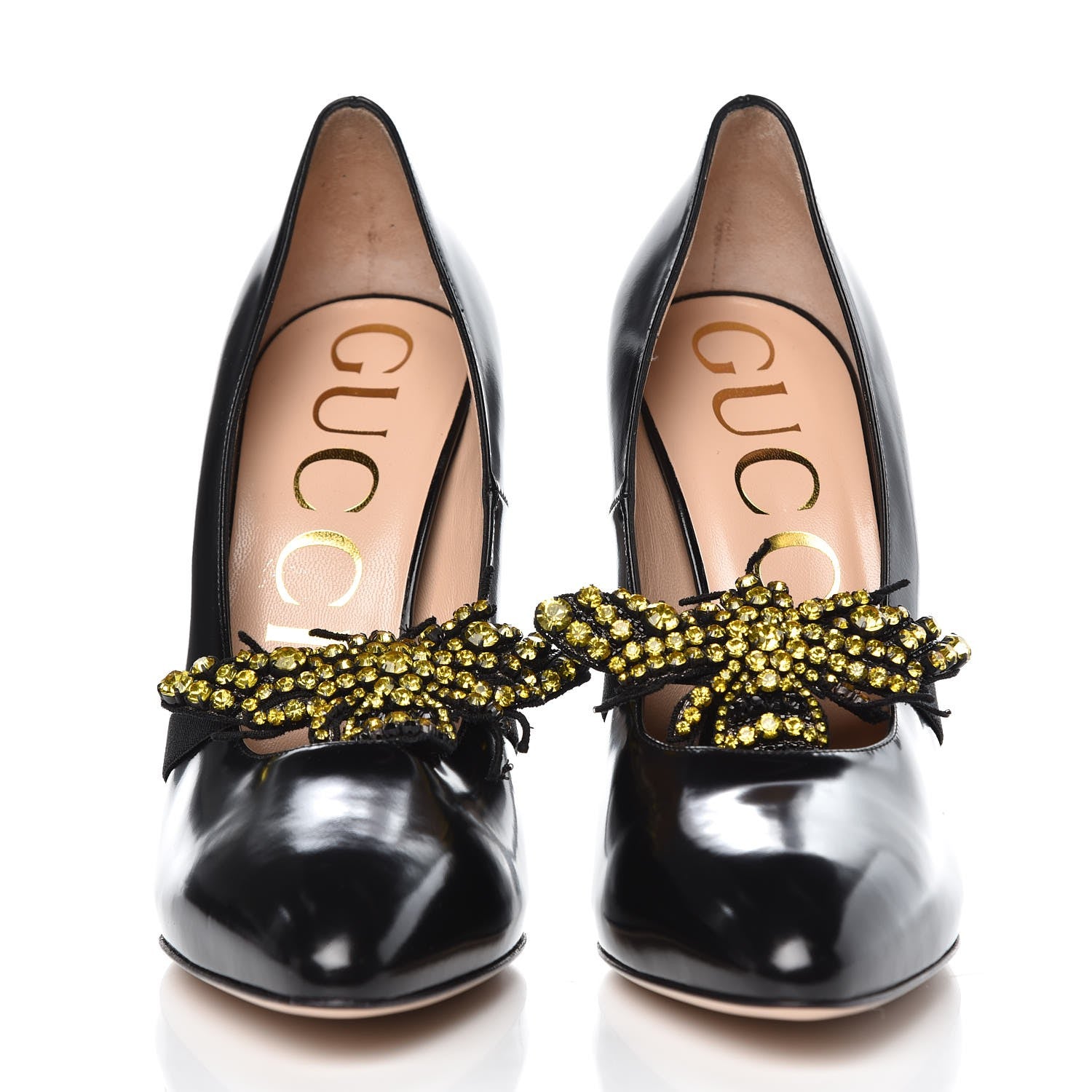 Gucci Polished Calfskin Removable Bee Elaisa Platform High Heel Pumps 39.5 Black 2 of 9