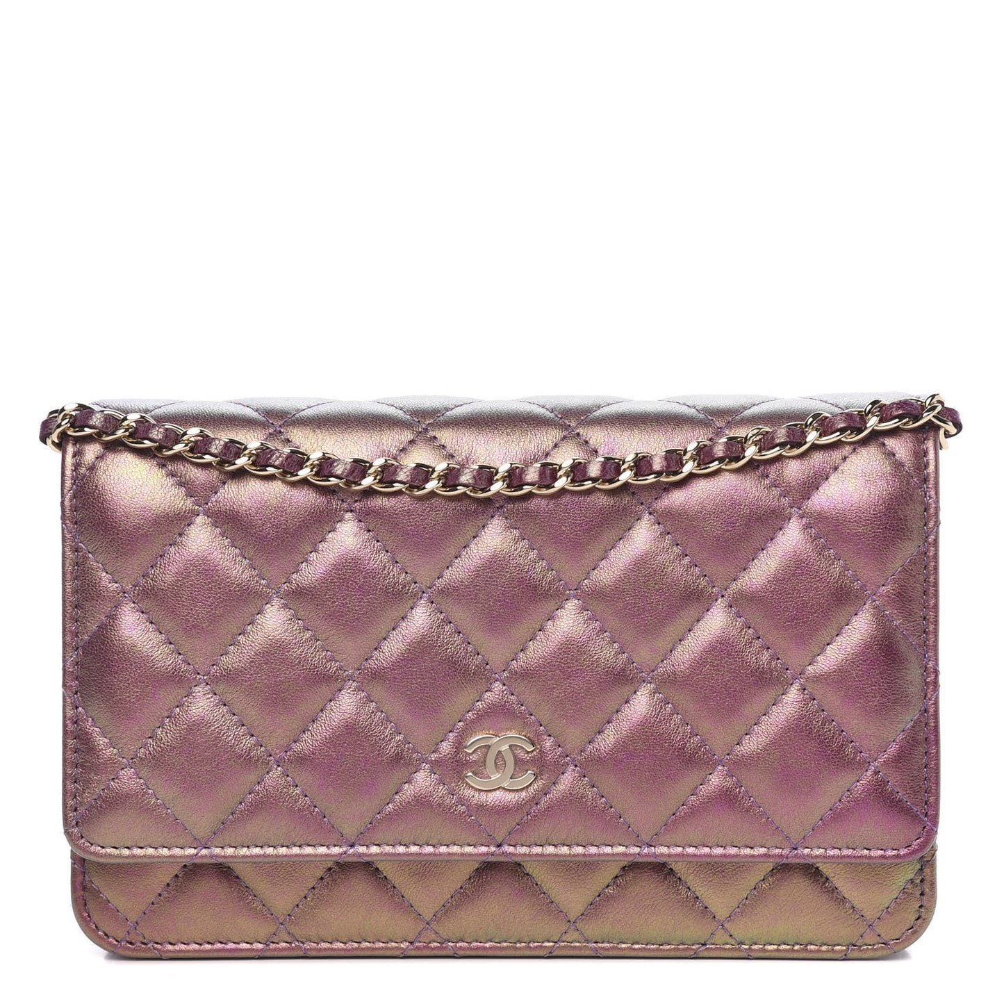 Iridescent Lambskin Quilted Wallet On Chain WOC Purple
