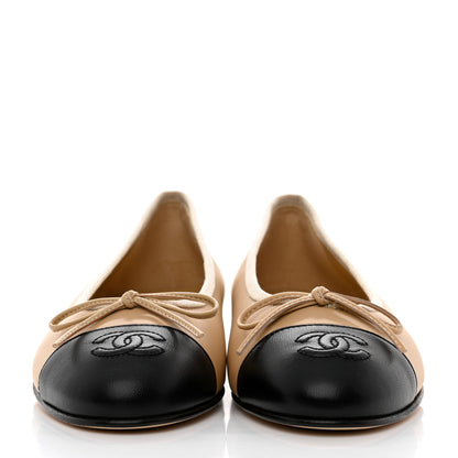 Chanel Lambskin Cap Toe CC Ballerina Flats 36 Beige Black 2 of 9