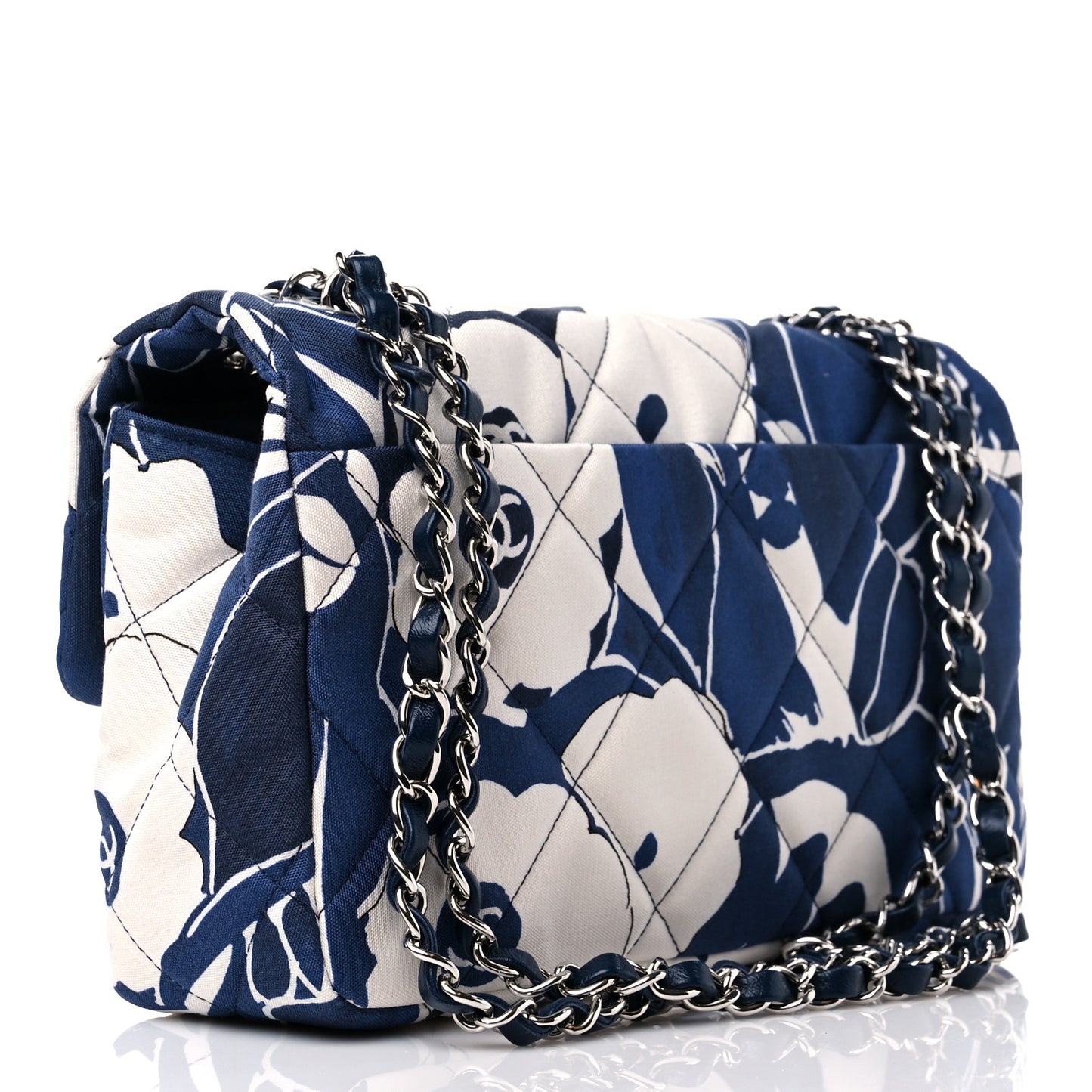 Floral Printed Silk CC Medium Single Flap Navy Blue White