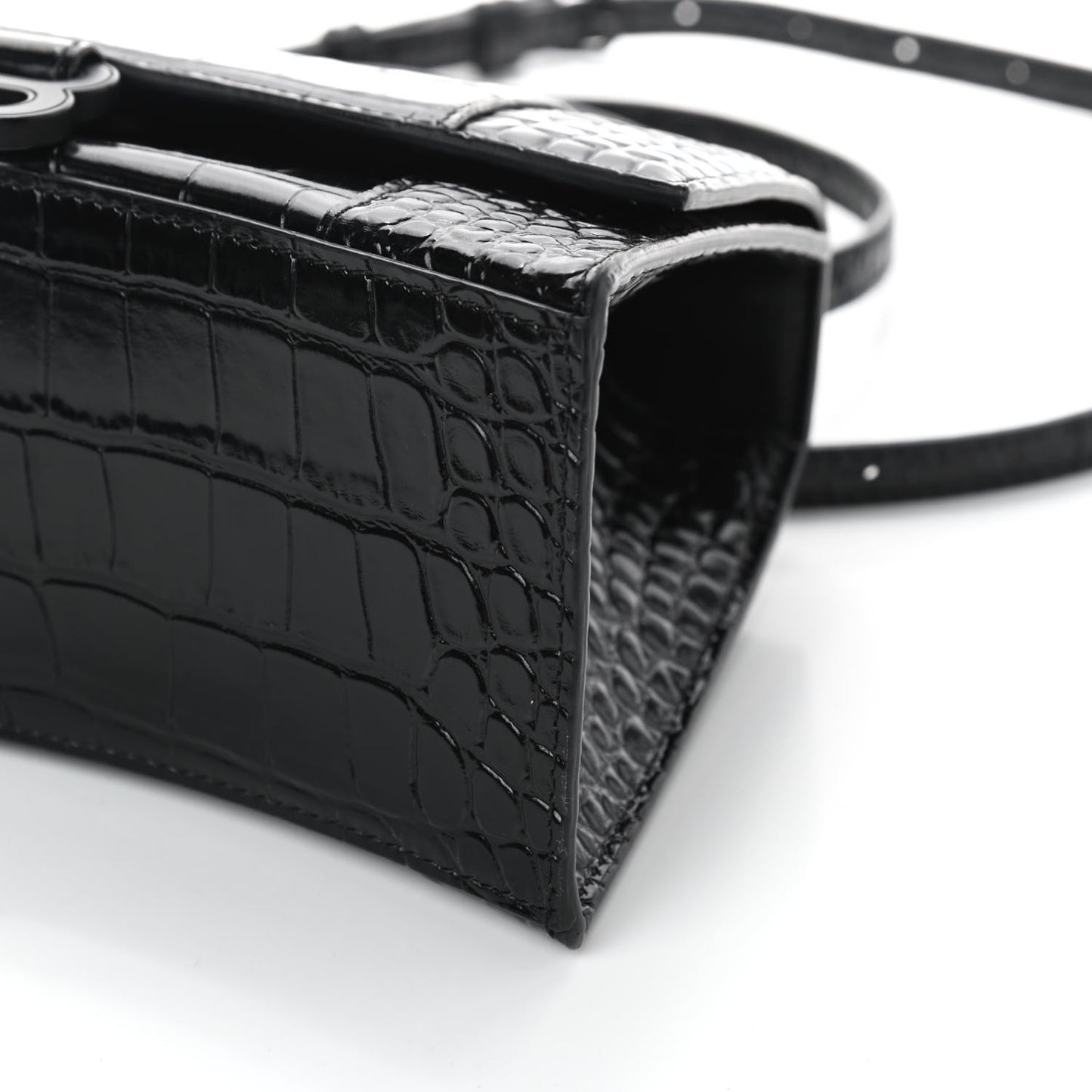 Shiny Calfskin Monochrome Crocodile Embossed Small Hourglass Top Handle Bag Black