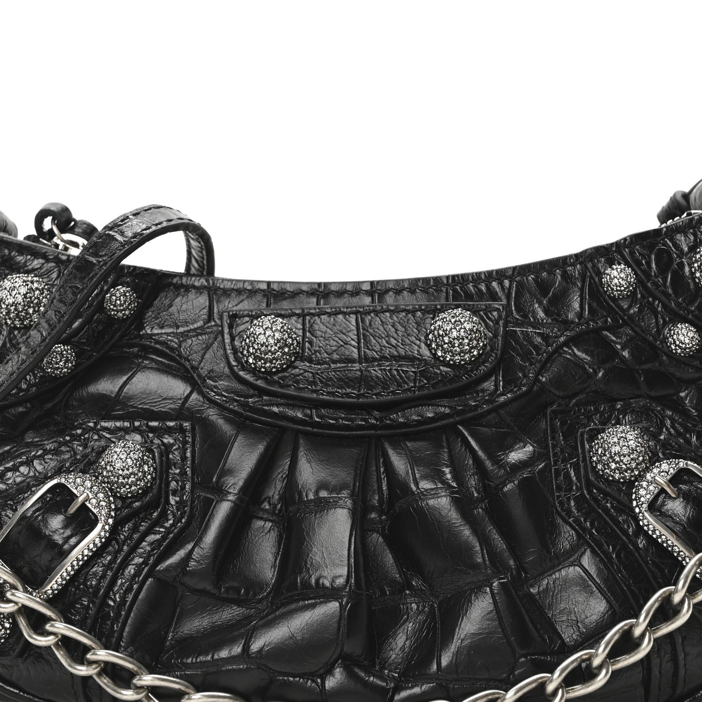 Extra Supple Calfskin Crocodile Embossed Crystal Le Cagole Mini Purse With Chain Black