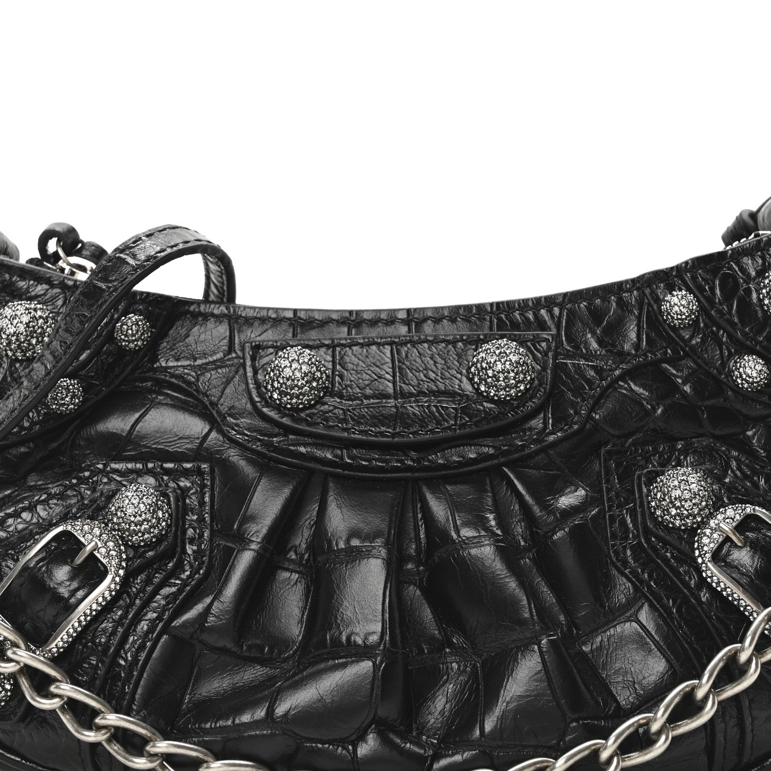 Balenciaga Extra Supple Calfskin Crocodile Embossed Crystal Le Cagole Mini Purse With Chain Black 8 of 10