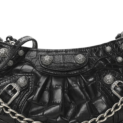 Balenciaga Extra Supple Calfskin Crocodile Embossed Crystal Le Cagole Mini Purse With Chain Black 8 of 10
