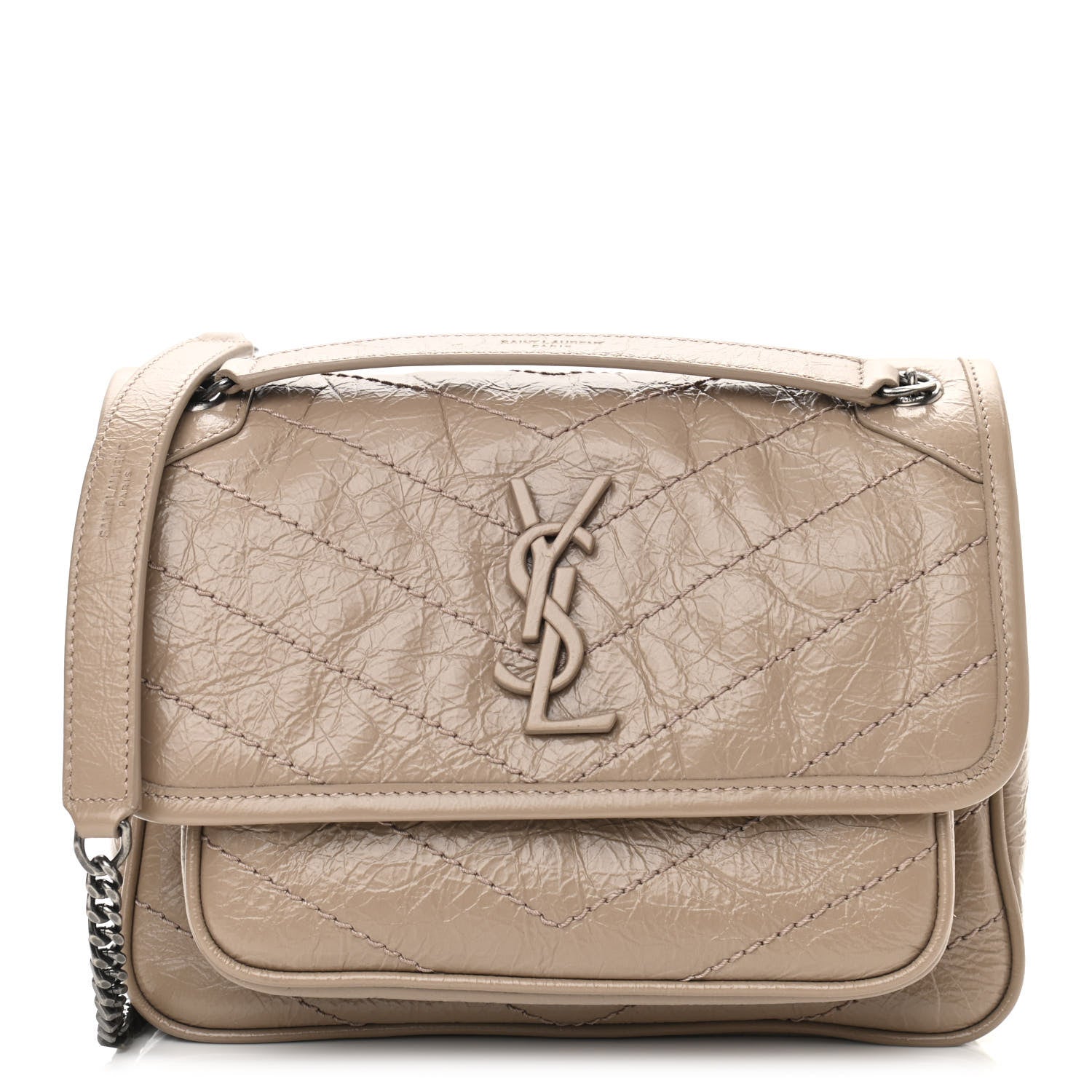 Saint Laurent Crinkled Calfskin Matelasse Monogram Baby Niki Chain Satchel Light Taupe 1 of 11