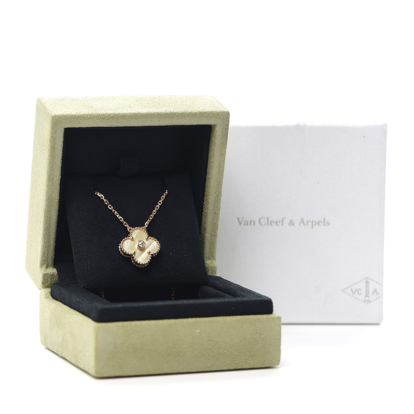 18K Yellow Gold Diamond Yellow Mother of Pearl Vintage Alhambra Pendant Necklace