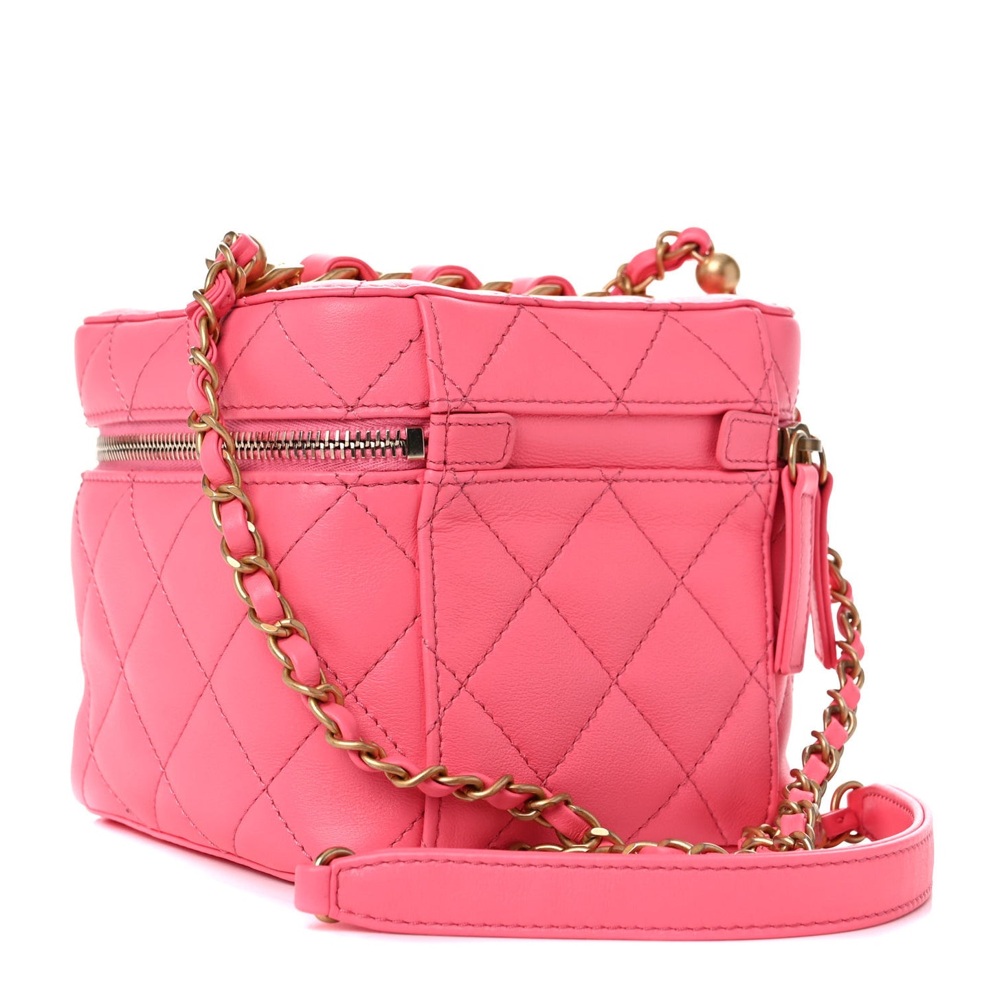 Calfskin Quilted Small Vanity Case With Chain Coral Pink
