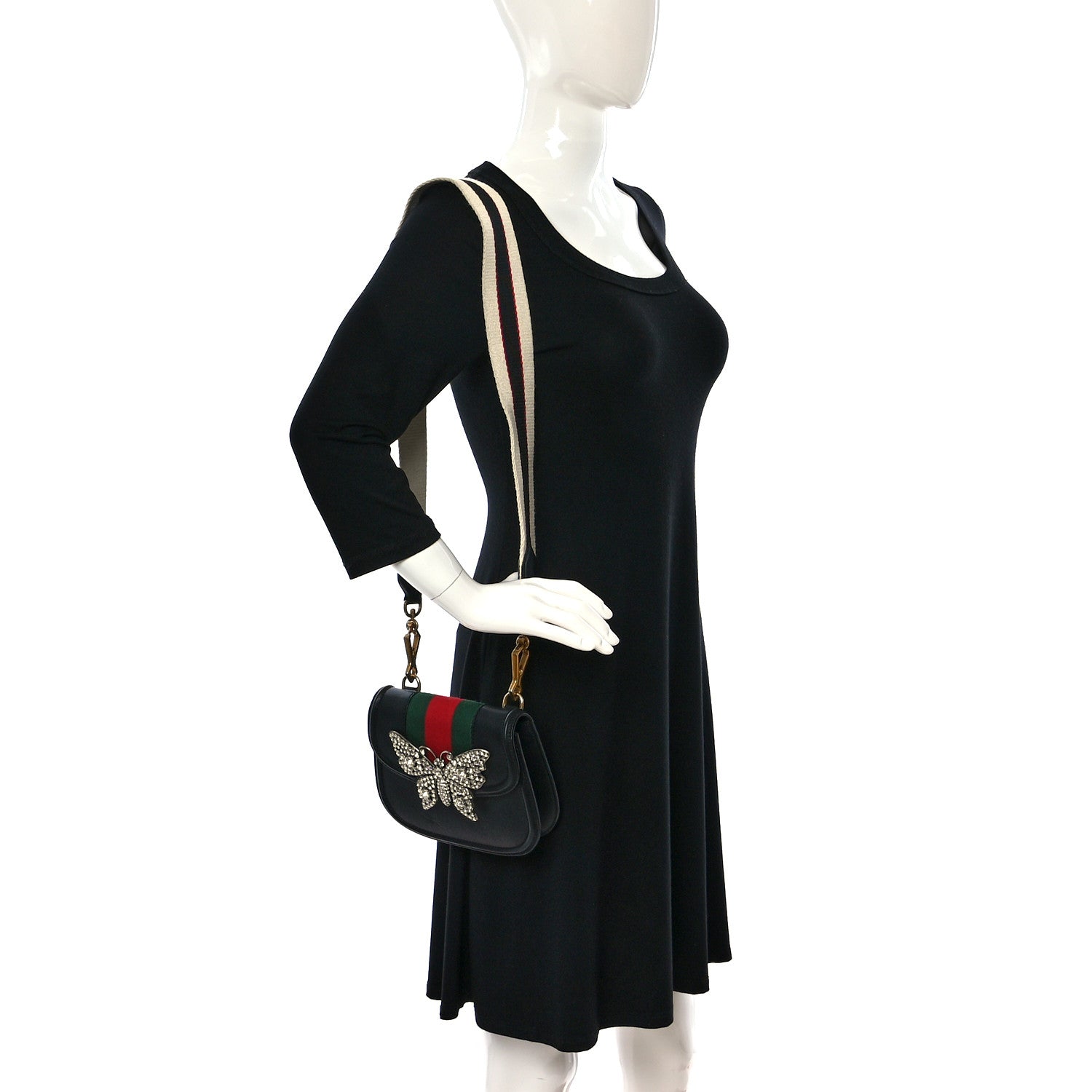 Gucci Calfskin Web Crystal Butterfly Stripe Small Totem Shoulder Bag Black 2 of 13
