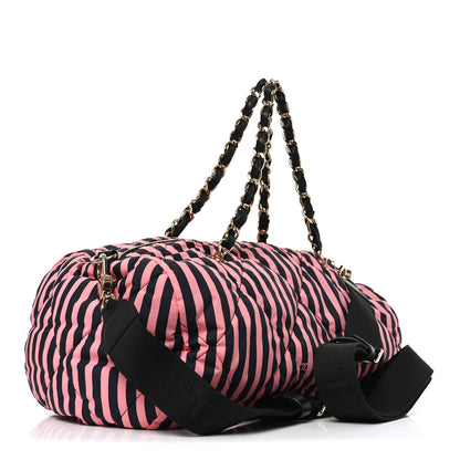 Chanel Nylon Striped Quilted Coco Beach Large Bowling Bag Black Coral 3 of 10