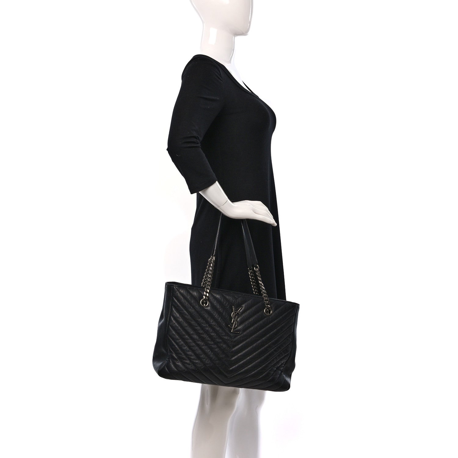 Saint Laurent Sheepskin Matelasse Chevron Large Monogram Shopping Bag Black 2 of 8