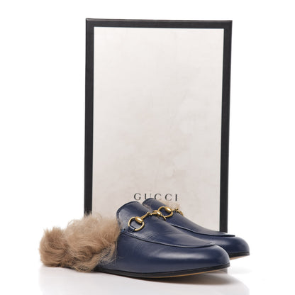 Gucci Malaga Kid Fur Womens Princetown Slippers 35.5 Blue Agata 9 of 9