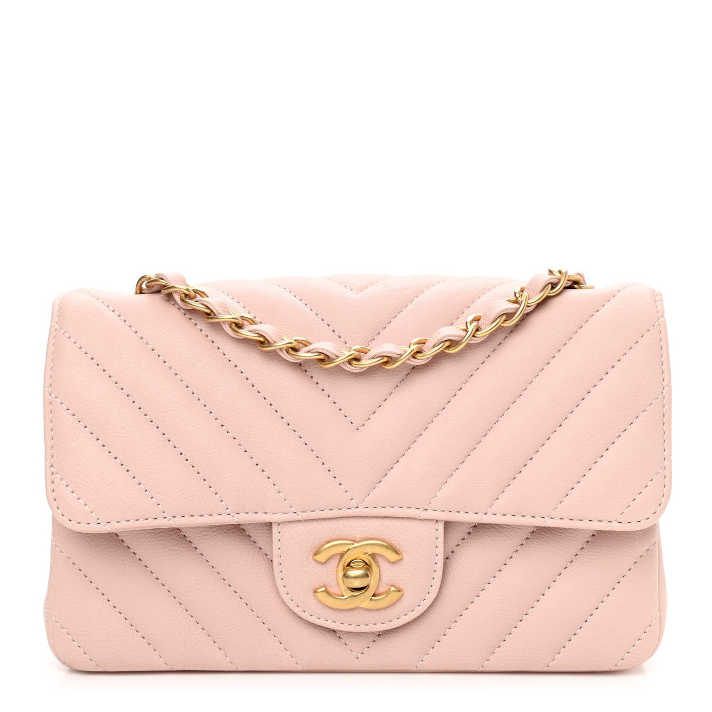 Calfskin Chevron Quilted Mini Rectangular Flap Light Pink