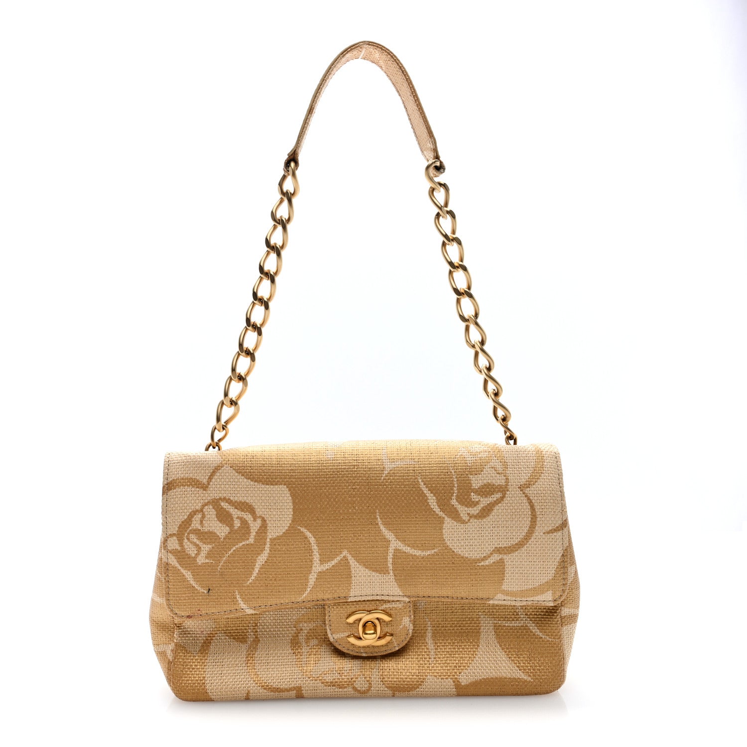 Chanel Woven Straw Camellia Print Medium Single Flap Gold 1 of 10