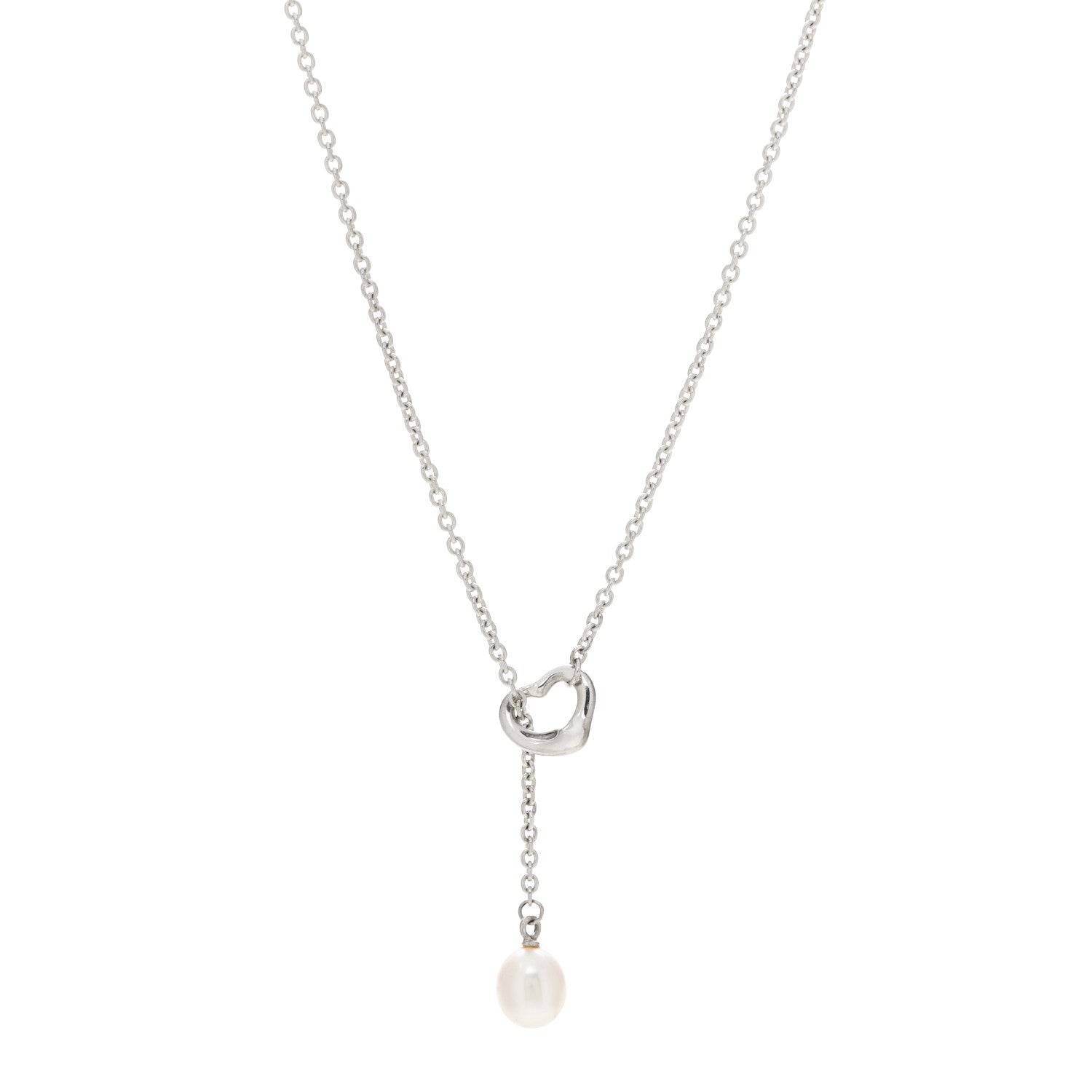 Tiffany Sterling Silver Pearl 8-8.5mm Elsa Peretti Open Heart Lariat Necklace 1 of 7