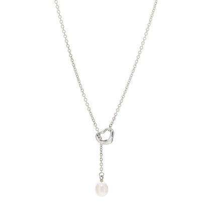 Tiffany Sterling Silver Pearl 8-8.5mm Elsa Peretti Open Heart Lariat Necklace 1 of 7