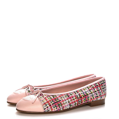 Chanel Tweed Calfskin Cap Toe Ballerina Flats 37.5 Pink 3 of 9