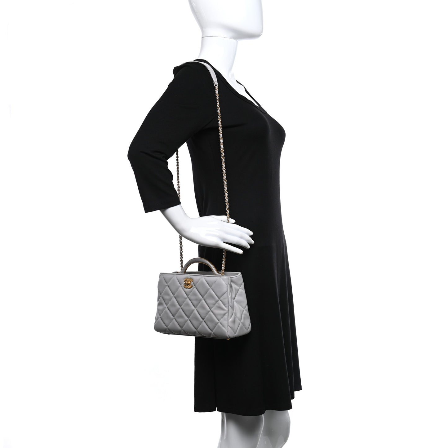 Calfskin Quilted Lady Handle Clutch Tote Grey
