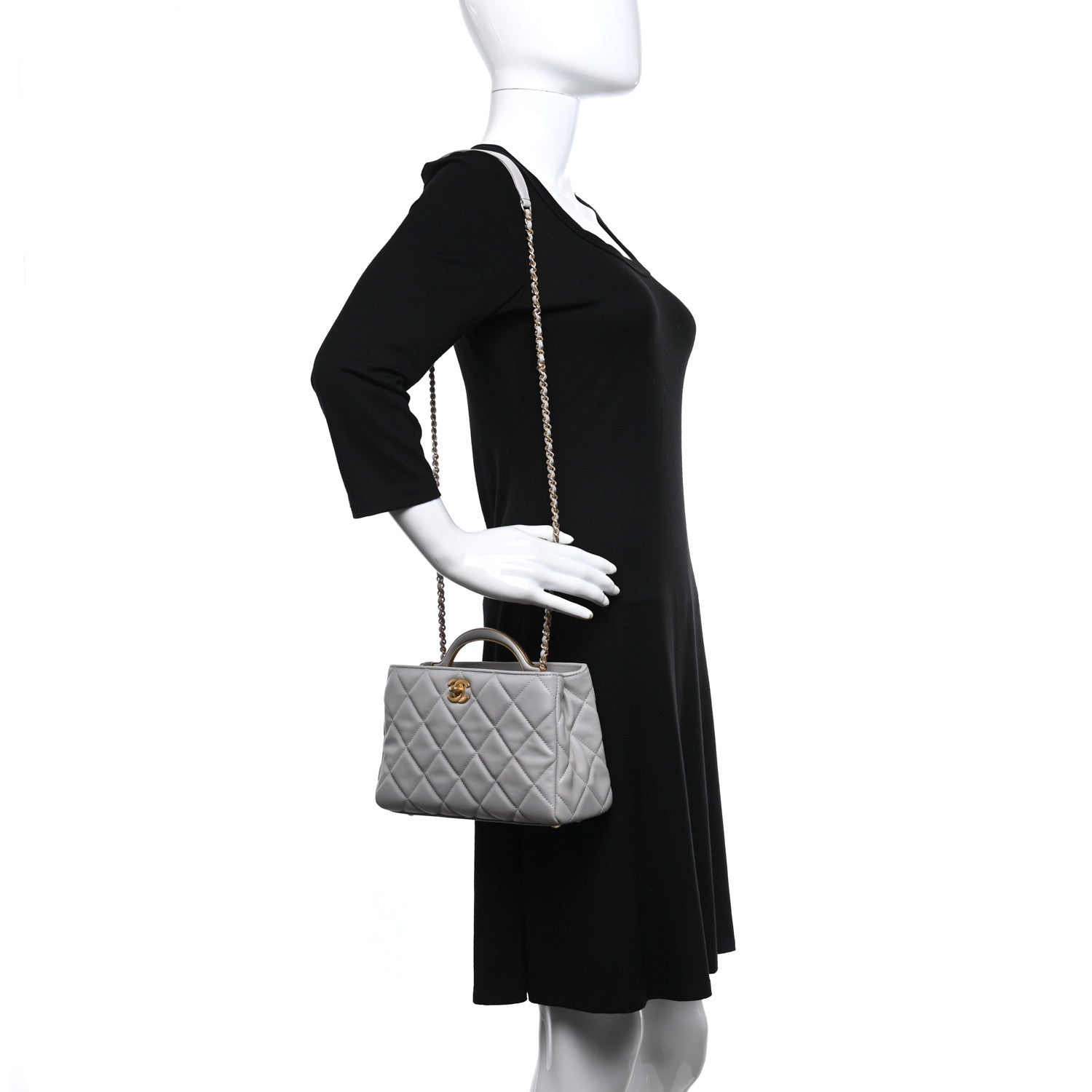 Chanel Calfskin Quilted Lady Handle Clutch Tote Grey 2 of 9