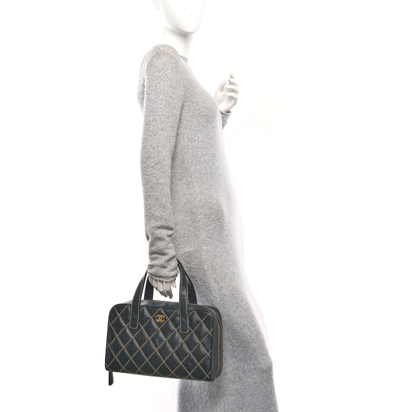 Calfskin Wild Stitch Top Handle Bag Black
