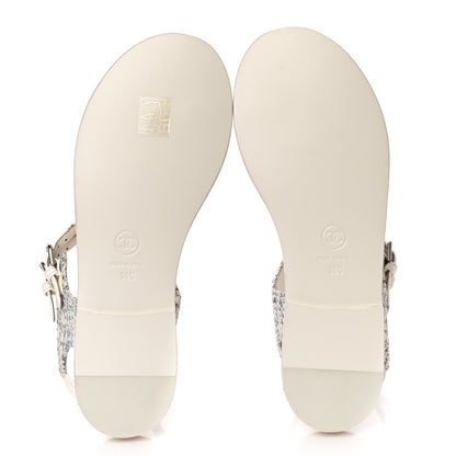 Chanel Tweed CC Thong Sandals 38 Ecru Blue Beige Grey 5 of 11