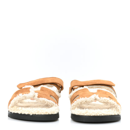 Hermes Suede Goatskin Woolskin Womens Chypre Sandals 40 Golden Beige 2 of 8
