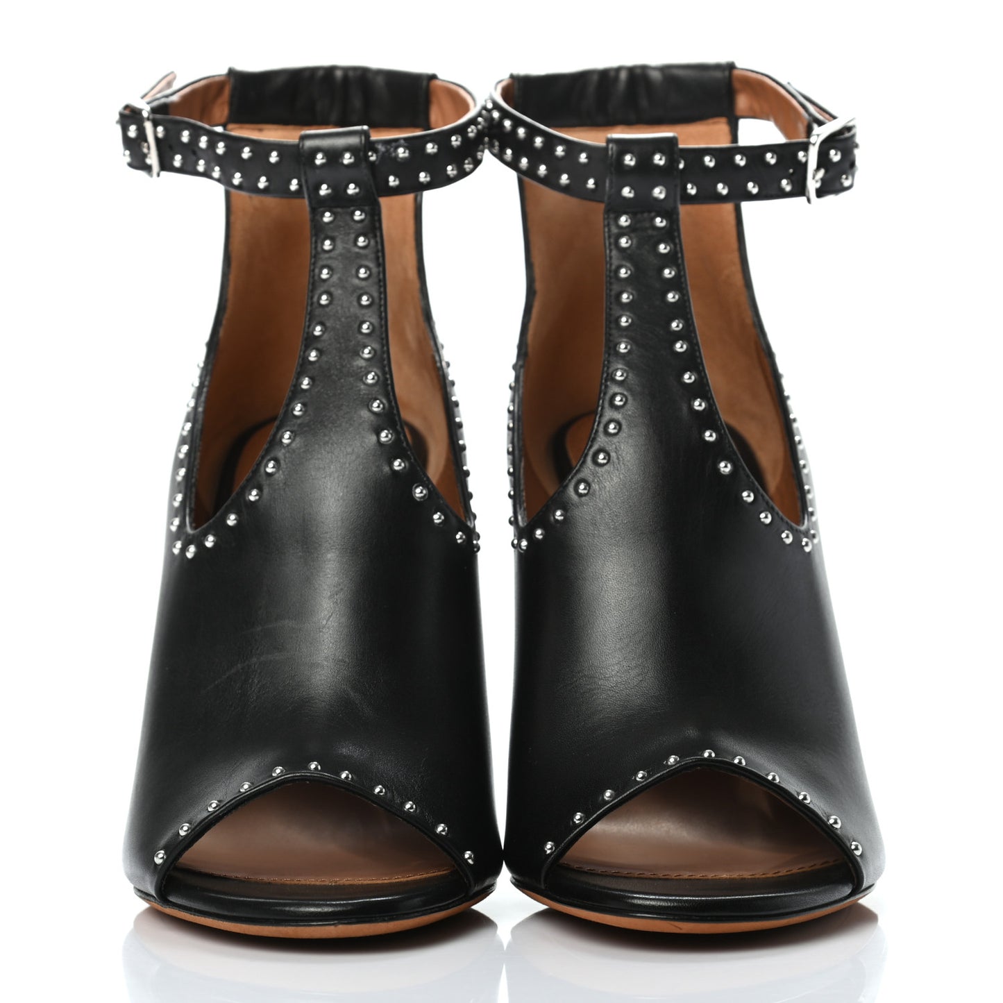 Calfskin Studded Elegant T-Strap Sandals 39.5 Black