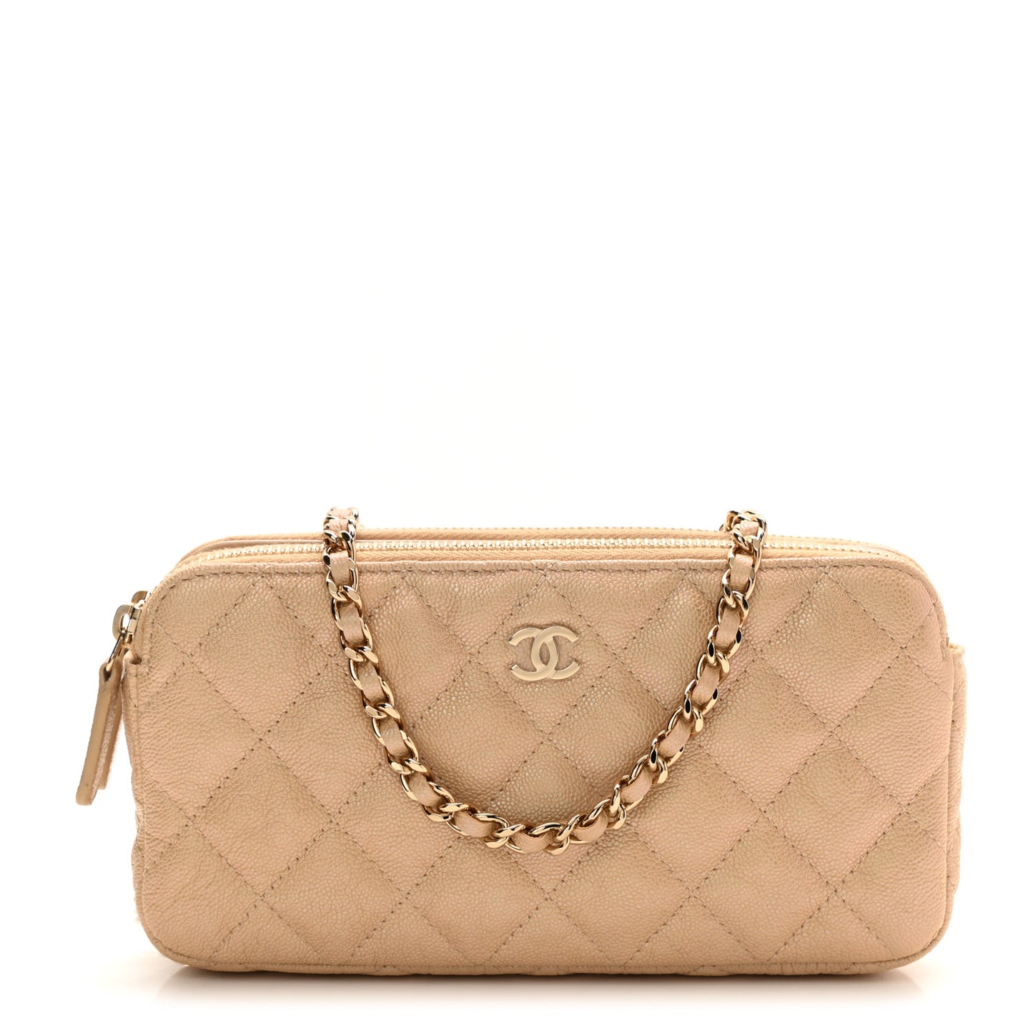 Iridescent Caviar Quilted Small Clutch With Chain Beige
