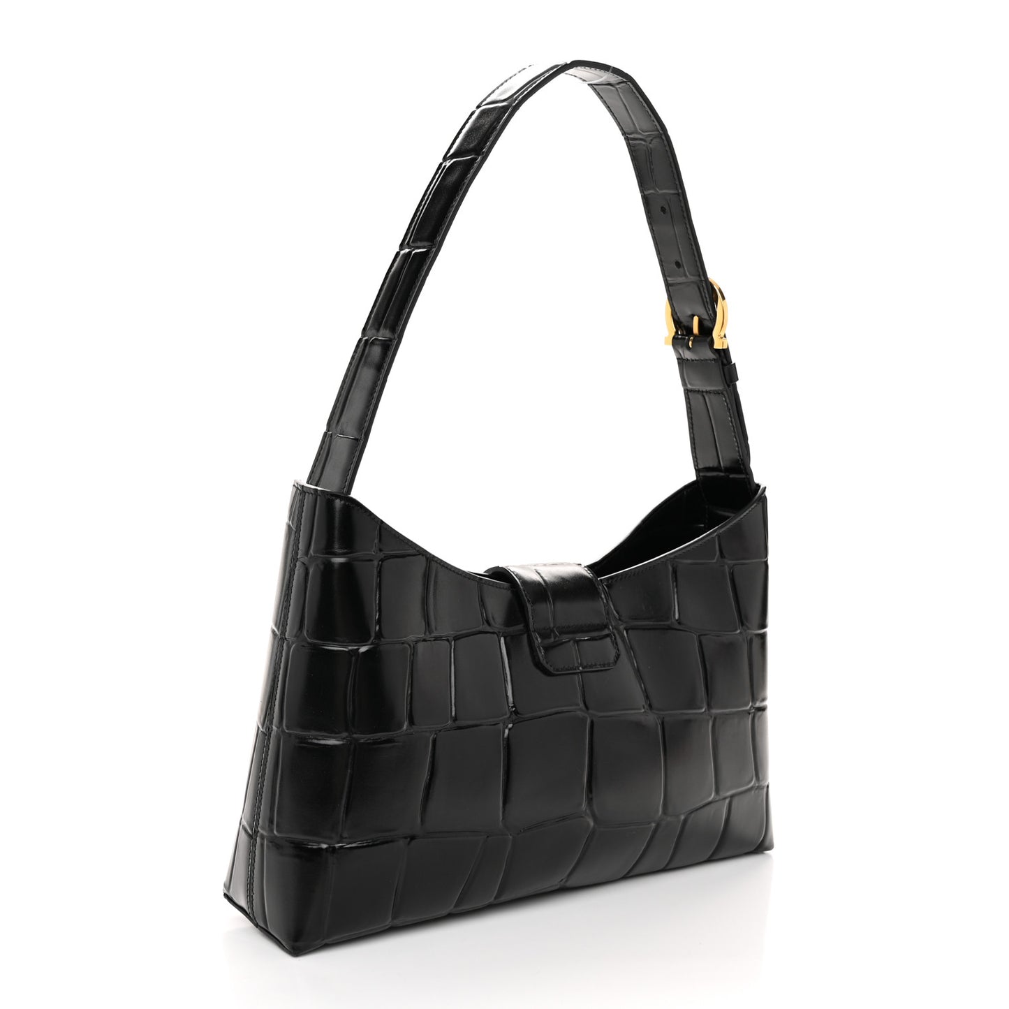 Calfskin Crocodile Embossed Trifolio Shoulder Bag Black