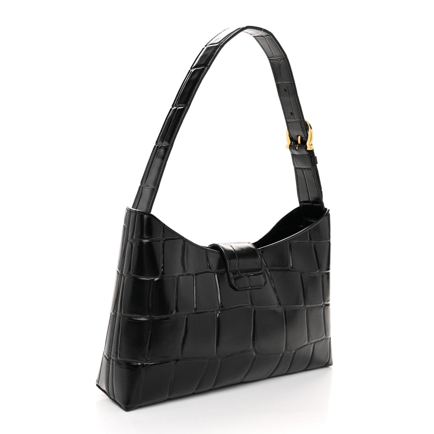 Salvatore Ferragamo Calfskin Crocodile Embossed Trifolio Shoulder Bag Black 3 of 10