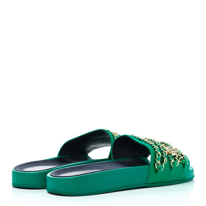 Chanel Satin Canvas Chain Slides Flat Sandals 40 Green 4 of 8