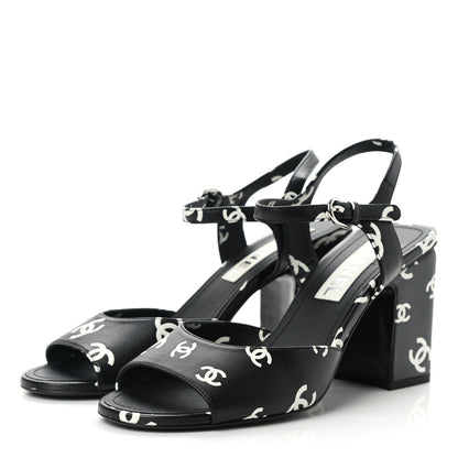 Chanel Printed Lambskin CC Sandals 39 Black White 3 of 9