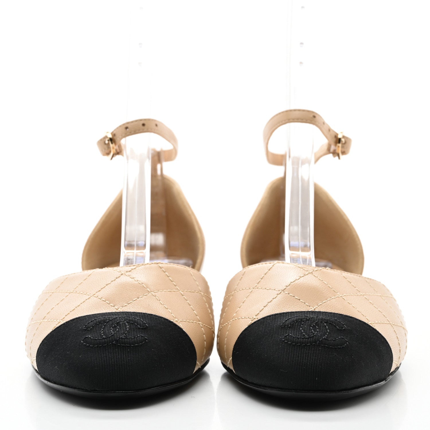 Chanel Lambskin Grosgrain Cap Toe CC Ankle Strap Sandals 37 Beige Black 2 of 8