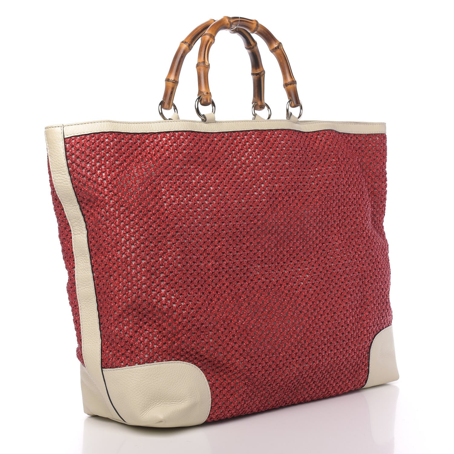 Gucci Straw Calfskin Bamboo Shopper Tote Raspberry 2 of 13
