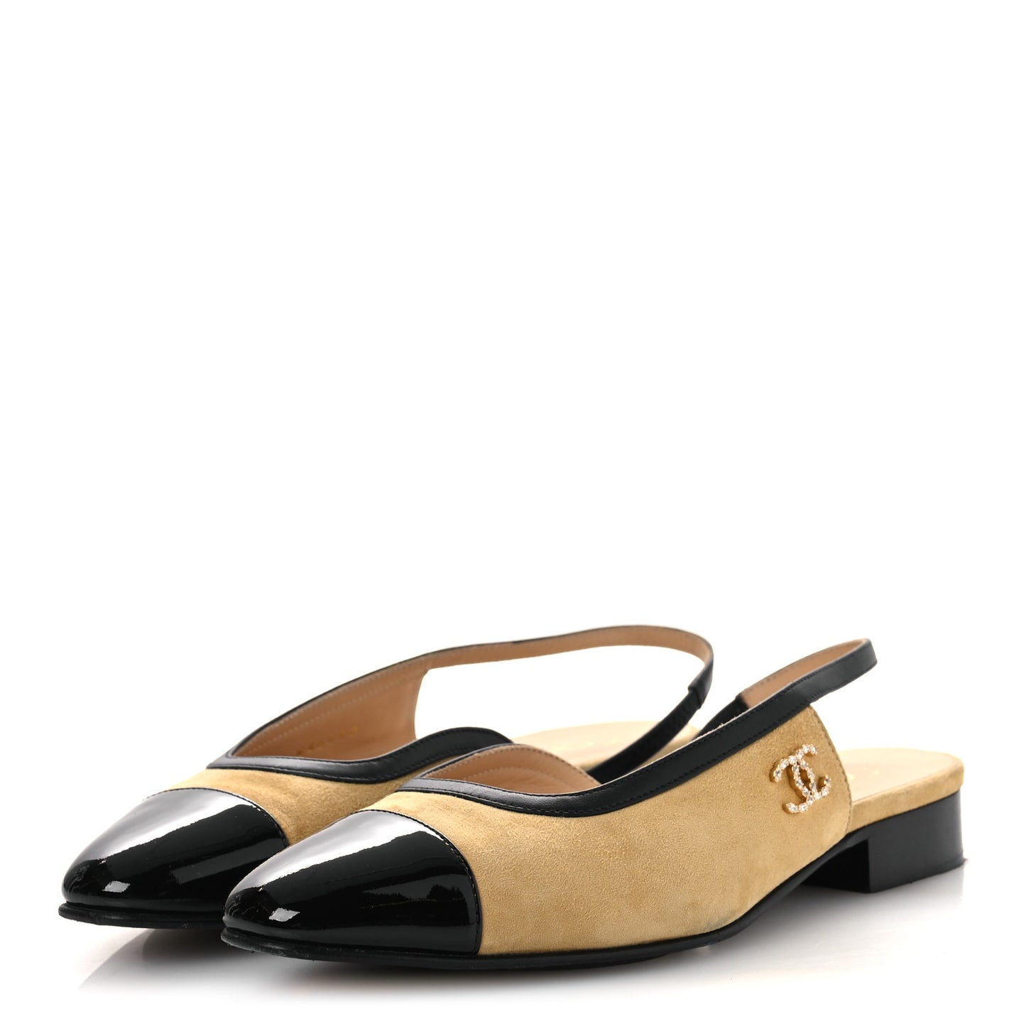 Suede Patent Crystal CC Cap Toe Slingback Flats 37 Beige Black