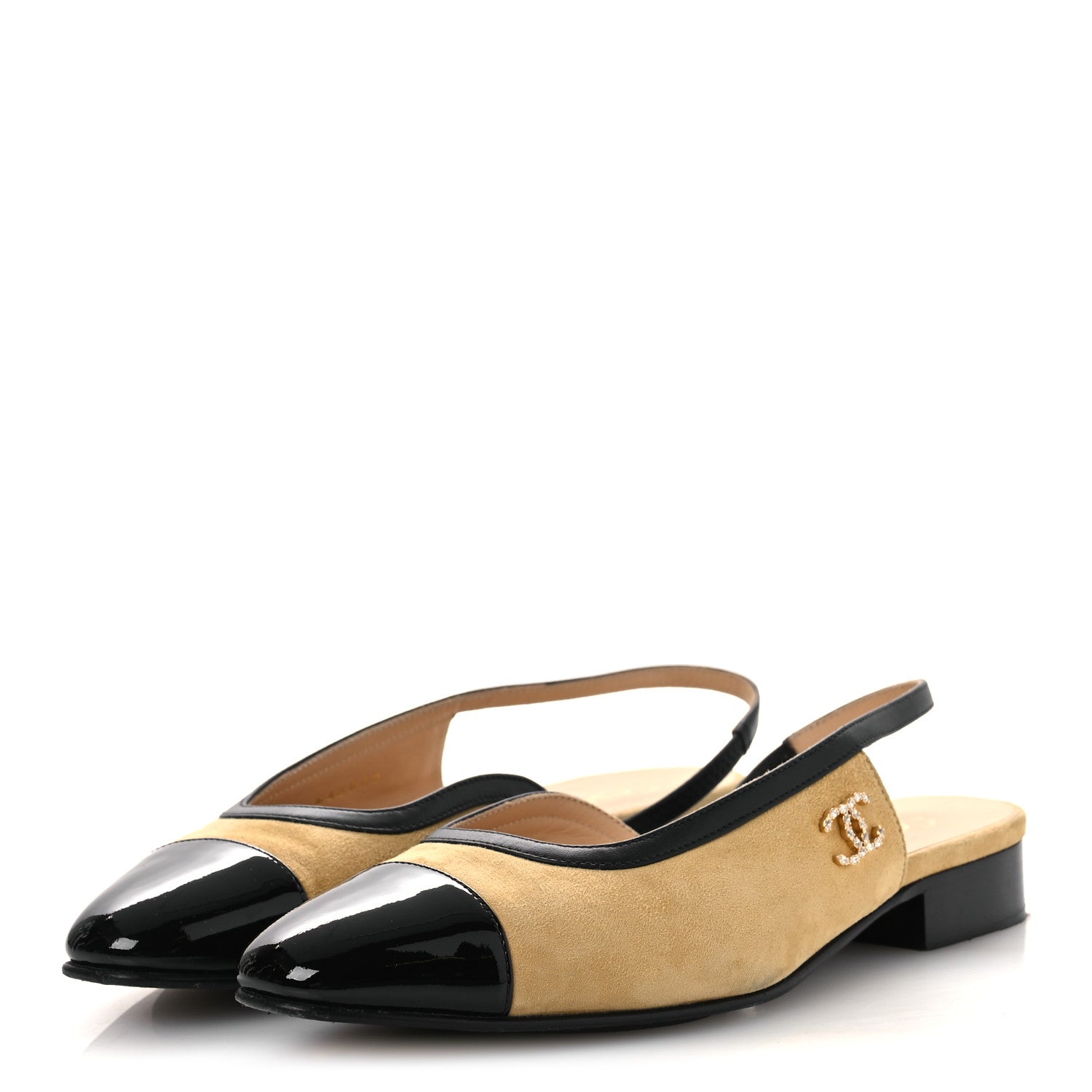 Chanel Suede Patent Crystal CC Cap Toe Slingback Flats 37 Beige Black 4 of 13