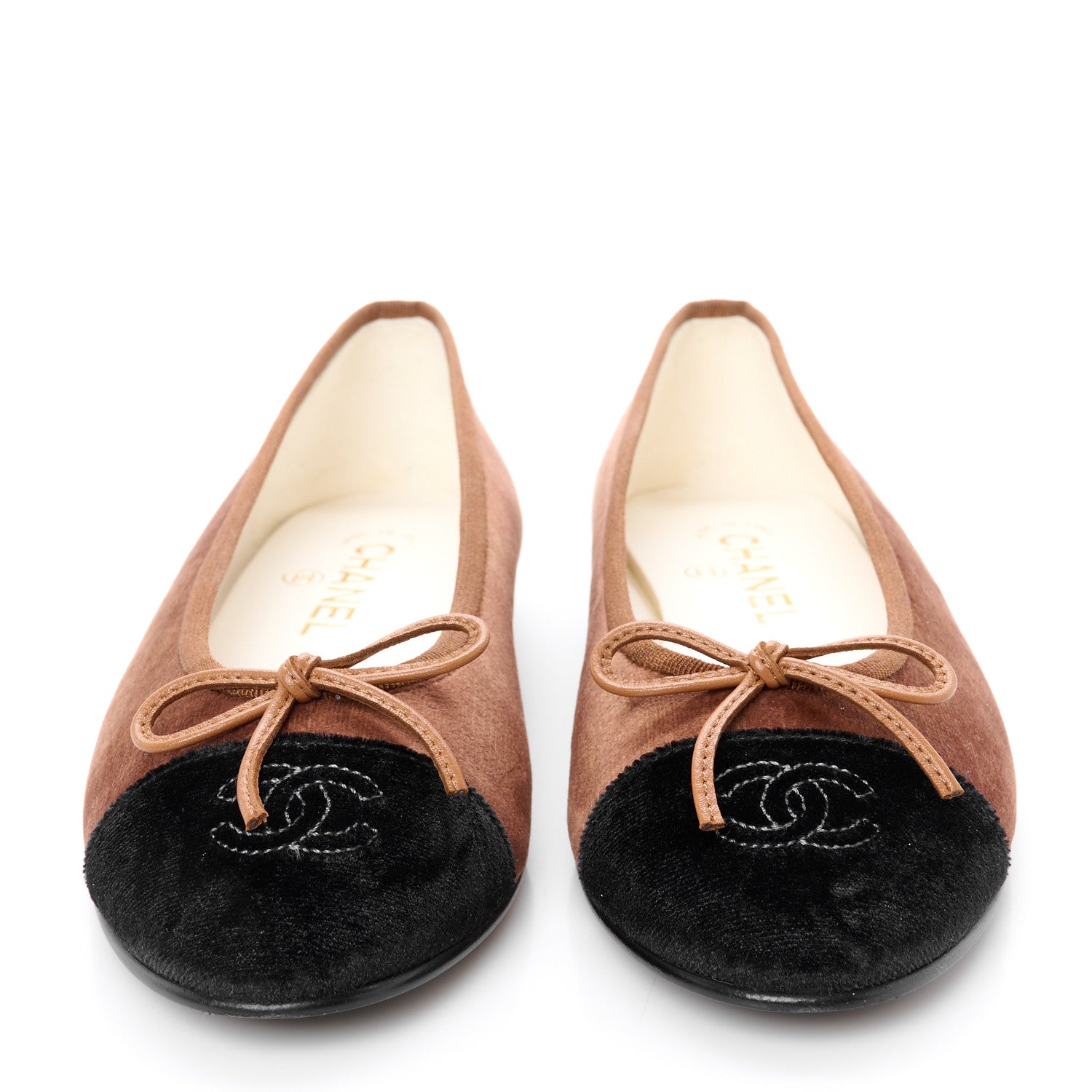 Chanel Velvet Cap Toe CC Ballerina Flats 37.5 Brown Black 3 of 10