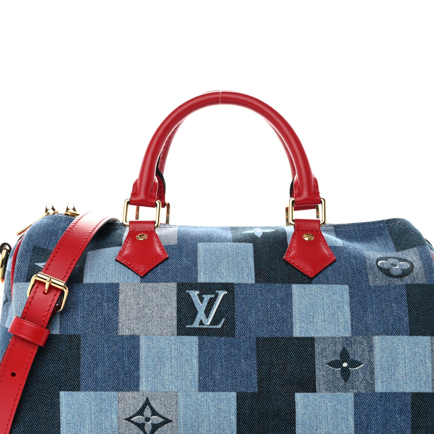 Denim Damier Monogram Patchwork Speedy Bandouliere 30 Blue Rouge