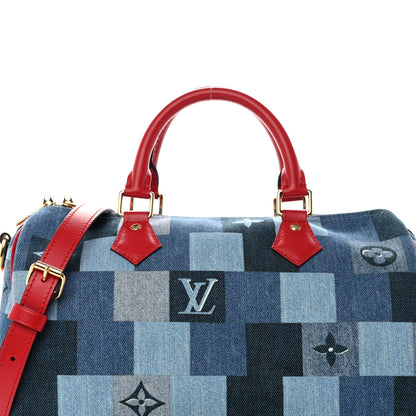 Louis Vuitton Denim Damier Monogram Patchwork Speedy Bandouliere 30 Blue Rouge 8 of 12