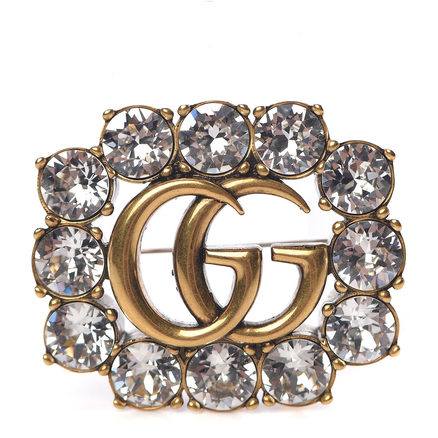 Gucci Metal Crystal Double G Brooch Aged Gold 1 of 5