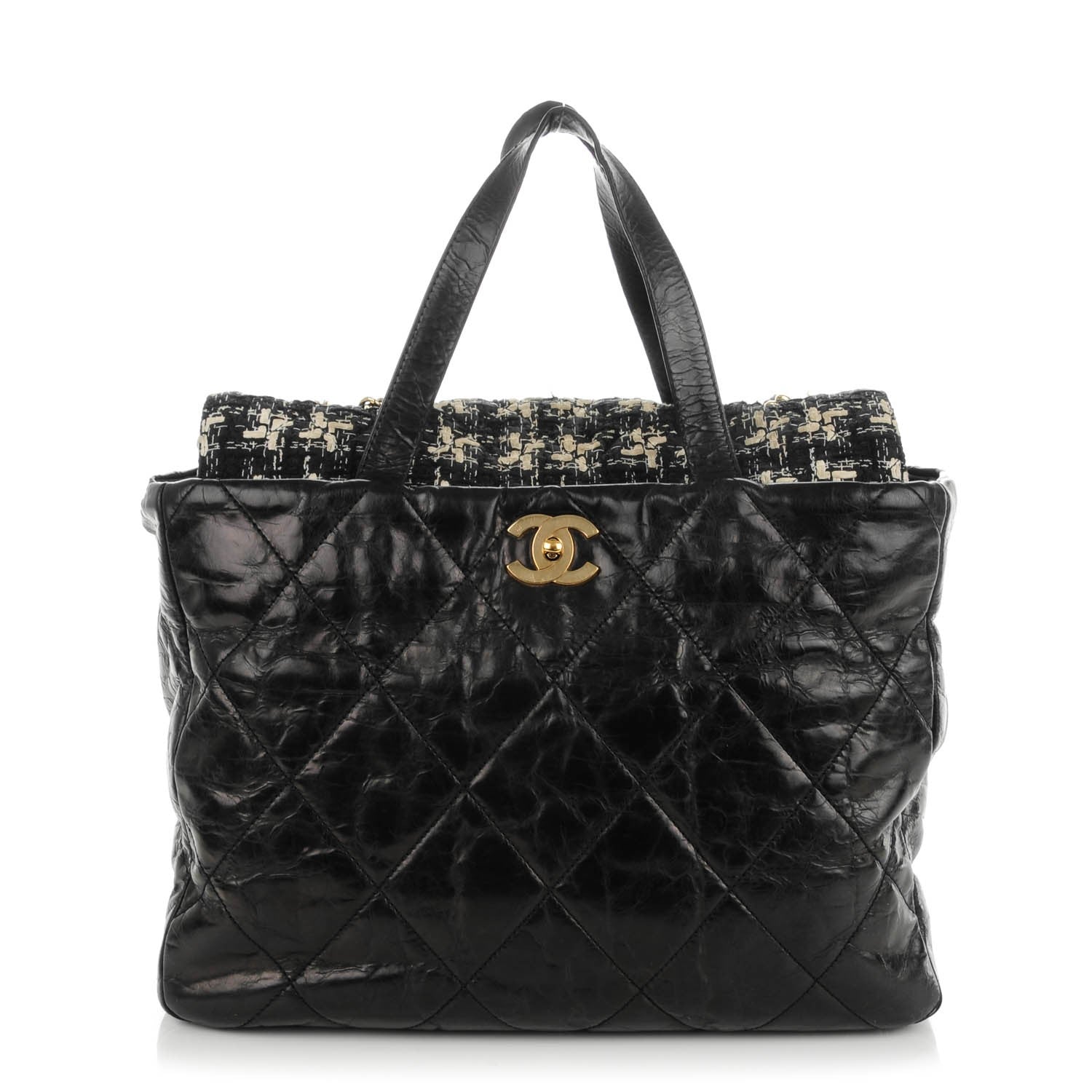 Chanel Glazed Calfskin Quilted Tweed Portobello Tote Black White 1 of 7
