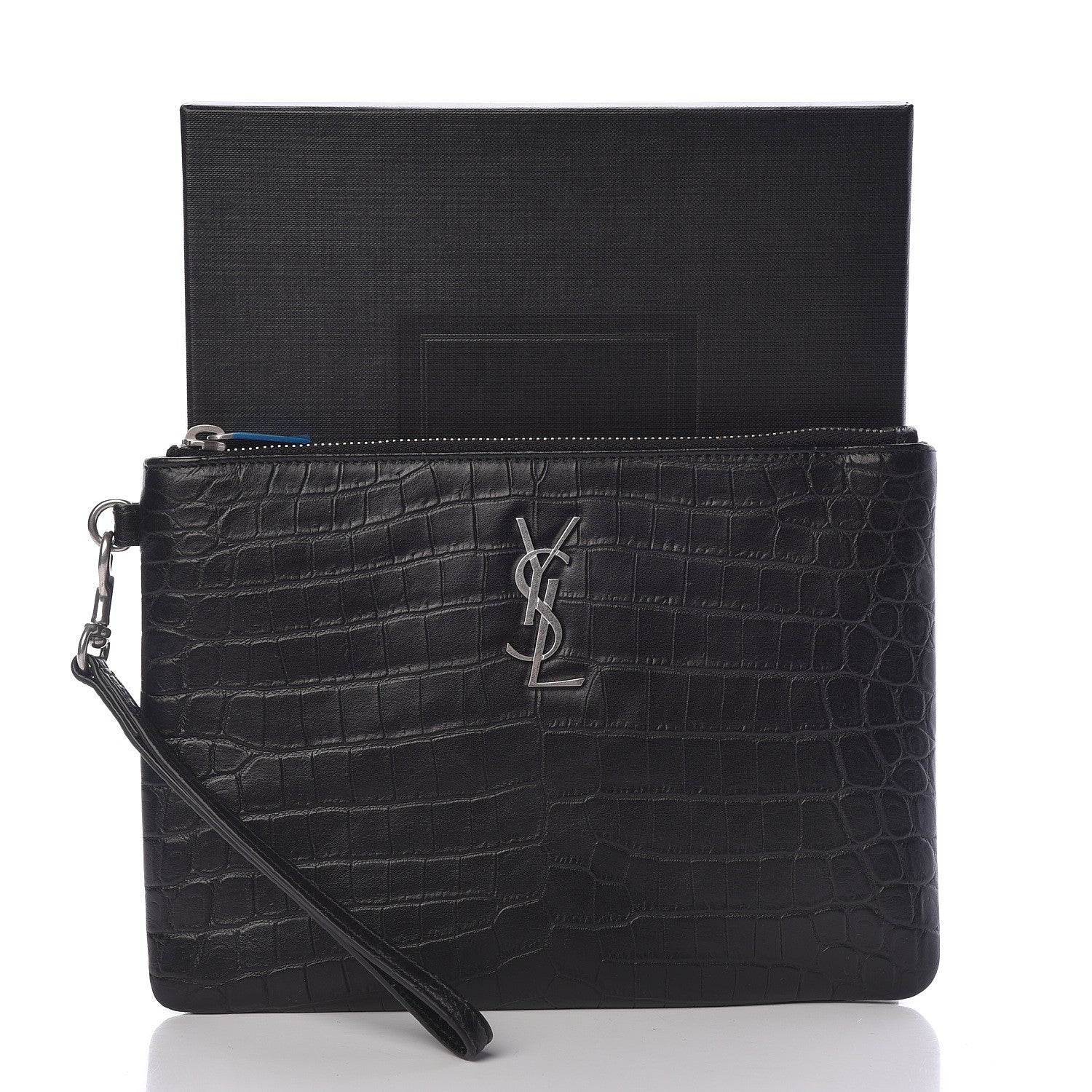 Saint Laurent Calfskin Crocodile Embossed Monogram Zip Pouch Black 8 of 8