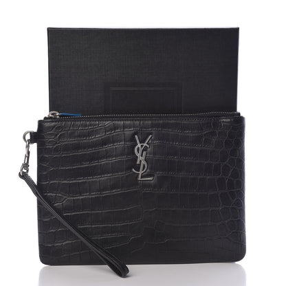 Saint Laurent Calfskin Crocodile Embossed Monogram Zip Pouch Black 8 of 8